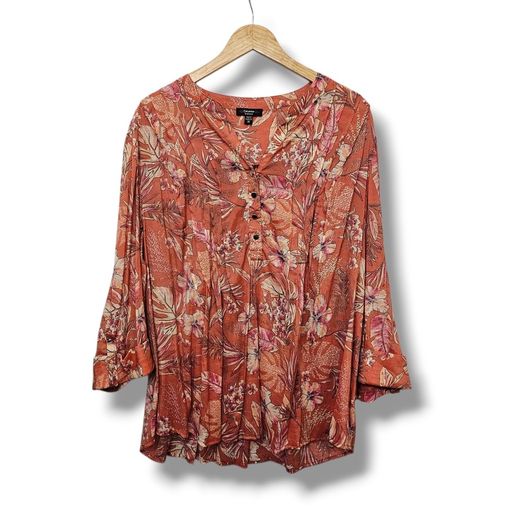 Cocomo Woman Top Plus Size 3X Tropical Floral Metallic Shimmer‎ Roll Tab Coral